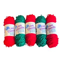 Yarn Lion Brand Chenille Lot Of 5 Christmas Colors Red & Green Vtg Discontinued