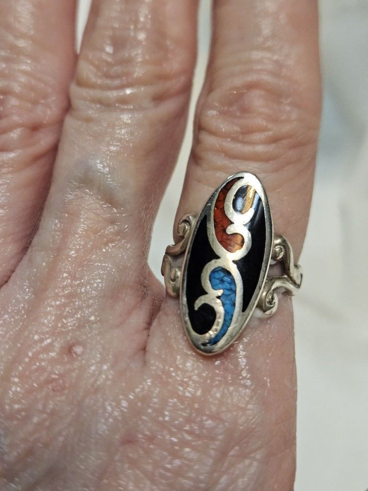 Signed Sterling Ring Sz.8. Inlaid With Turquoise, Coral, and Onyx