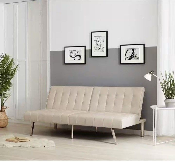 NEW Ivory Bonded Leather Foldable Futon Sleeper Sofa