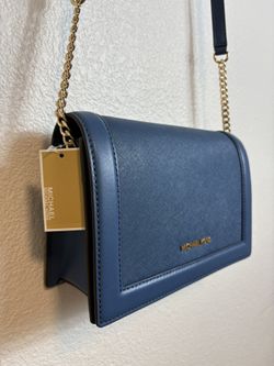 Michael Kors Jet Set Large Leather Crossbody Bag Blue Gold Chain NWT