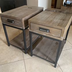 Rustic Wood End Table Night Stands Charging Station 