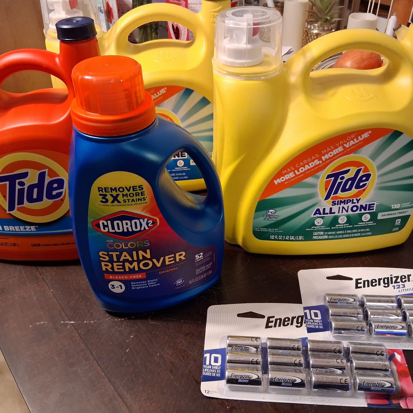 Laundry soap, color bleach , batteries