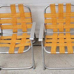 2 Vintage Child's Aluminum Webbed Folding Lawn Chairs Yellow Small Kids 