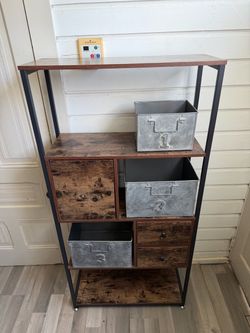 Industrial Bookshelf with Metal Bins and Drawers
