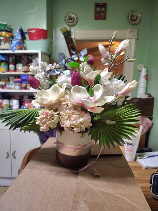 Floral Arrangement Ruffled Fan Palm Leaves Tulips Hydrangea Bouquet In Pot