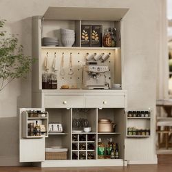 71.1" Tall LED Sideboard Buffet, Kitchen Storage Cabinet with Charging Station, Large Pantry Cabinet with Pegboard, sKitchen Cupboard