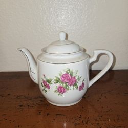Tea Pot Gold Trim With Pink/Red Flowers, Green Leaves Made in China