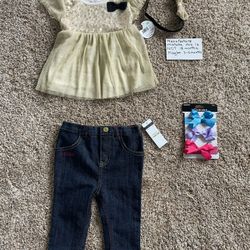 NEW Baby girl clothes 3-6 months set dress shirt, jeans pants, hair bows in package. New with tags