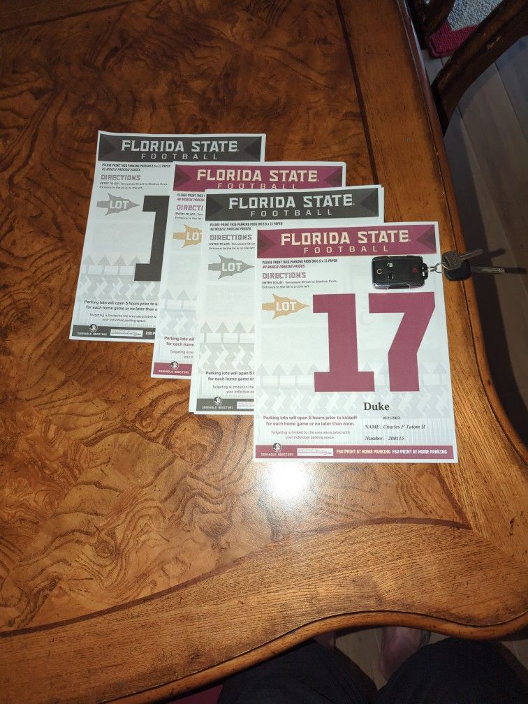 FSU FOOTBALL TICKETS/PARKING PASS