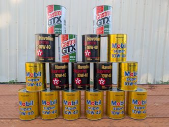 17 Vintage NEW Full Unopened Oil Cans 10W/40 Mobil Texaco Castrol