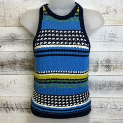 Heartloom  Blue Striped Crochet Sweater Halter Top  Size XS   Item Details:   Beautifully soft and fun crocheted cotton body in dark blue, chartreuse 