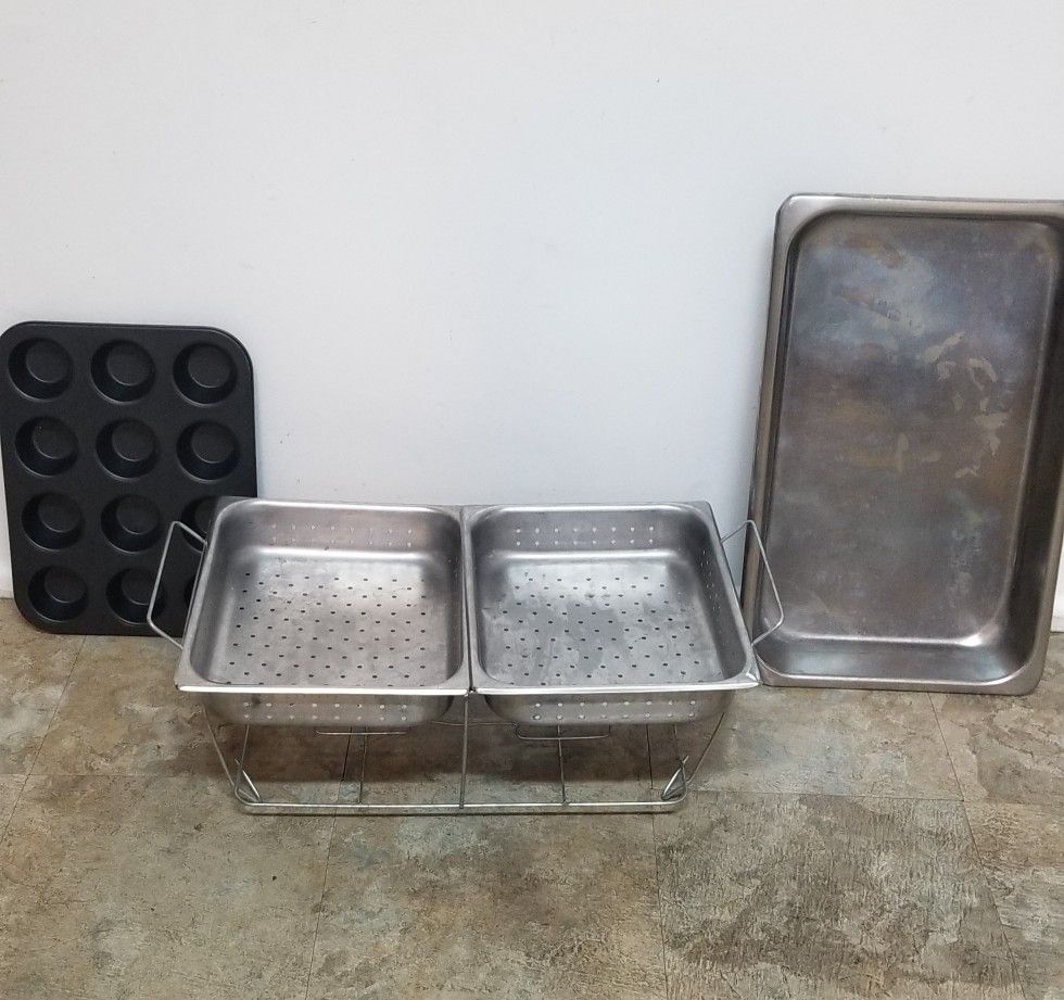 Stainless Steel Pans w/Chafing Dish stand, Muffin Pan & 1/2 pan $7