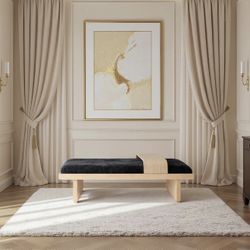 Modern Bench with Soft Black Chenille Fabric, Rich Natural Finish, Solid Wood, Sliding Wooden Tray