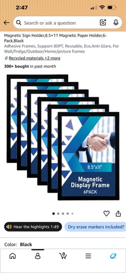 Magnetic Sign Holder,8.5×11 Magnetic Paper Holder,6-Pack,Black