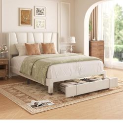 viplov Full Bed Frame with Storage Drawers, Upholstered Platform Bed with Headboard and Wingboard, No Box Spring Needed, Noise Free, Easy Assembly,