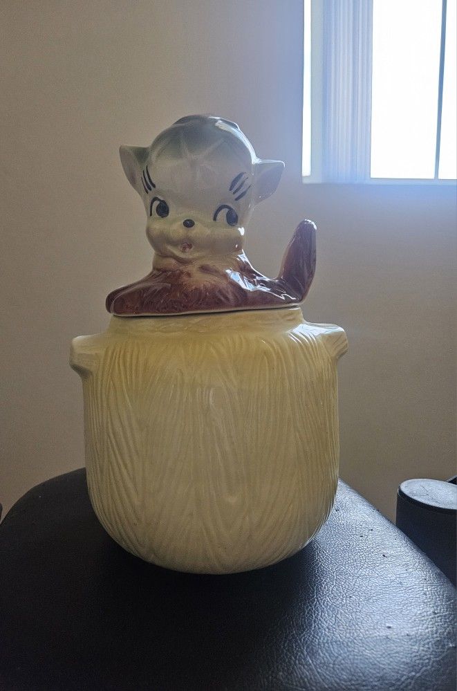 Vintage 1950's Kitschy American Bisque Ceramic Puppy In A Pot Cookie Jar