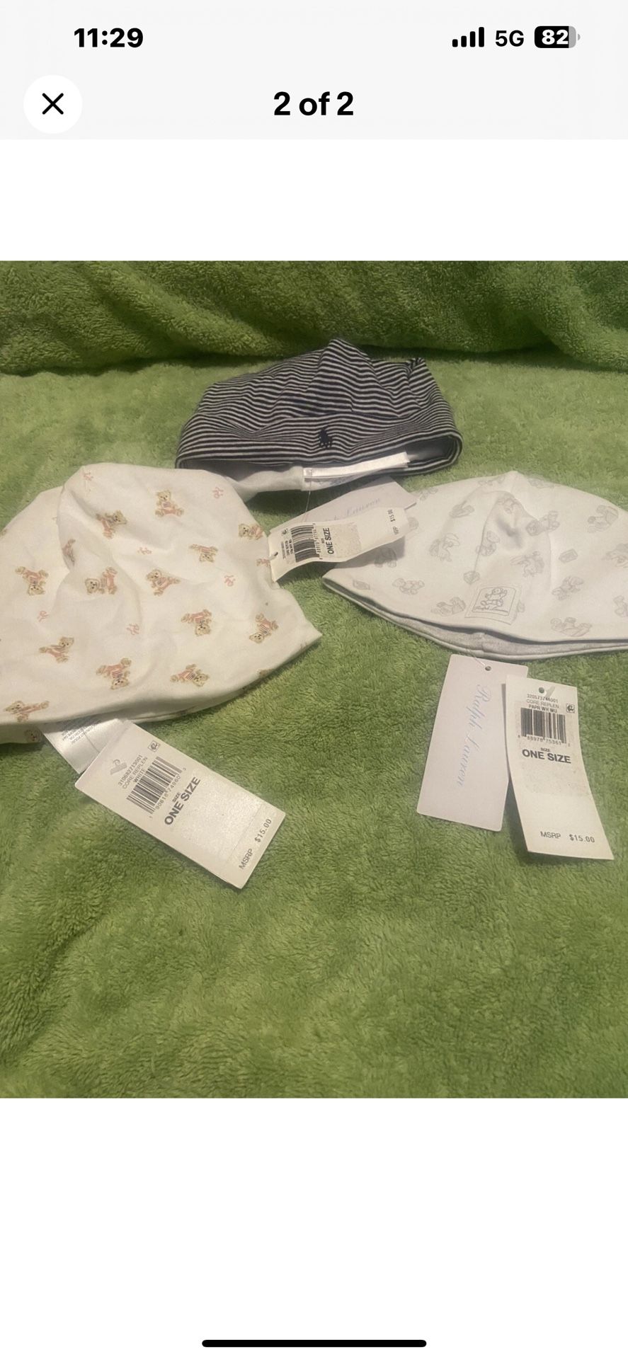 NWT 3 Ralph Lauren Baby Infant OS White Bear Toy & Blue Stripe Beanie Hats