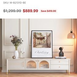 Beige JASIWAY Modern Wood TV Stand Cabinet with Glass Door