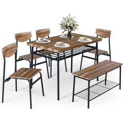 6-Piece Home Dining Table Set, Kitchen Table and Chairs Set for 6 w/Storage Racks, Rectangular Table, Bench, 4 Chairs for Living Room, Dining Room, Sm