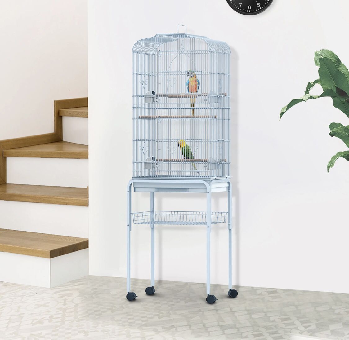 NEW Metal Indoor Bird Cage Starter Kit with Detachable Rolling Stand, Storage Basket, and Accessories 