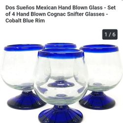 Dos Sueños Mexican Hand Blown Glass - Set of 4 Hand Blown Cognac Snifter Glasses - Cobalt Blue Rim

