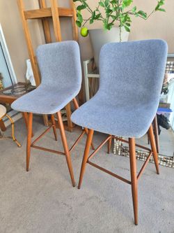 Set of 2 Gray Upholstered Bar Stools – Mid-Century Modern Style