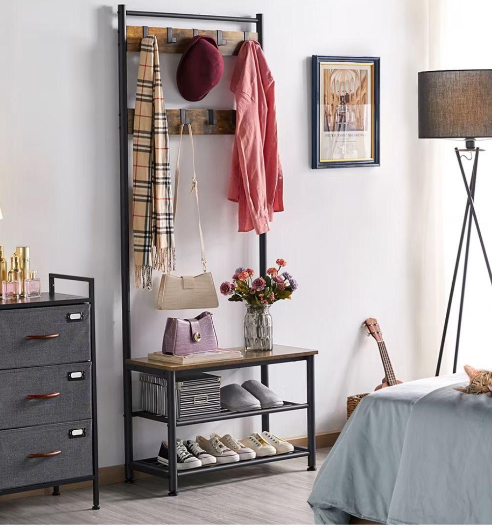 73"H Metal Hall Tree with Shoe Storage Bench Coat Rack