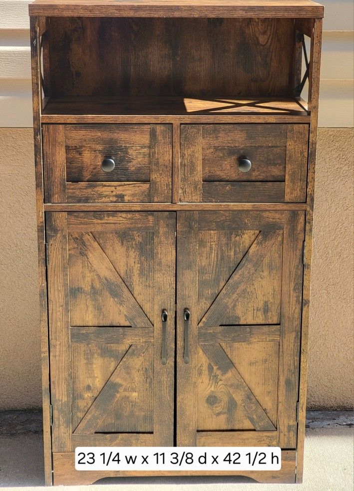 Rustic Farmhouse Style Brown Wood Veneer Cupboard Cabinet Drawers Freestanding Shelf Storage