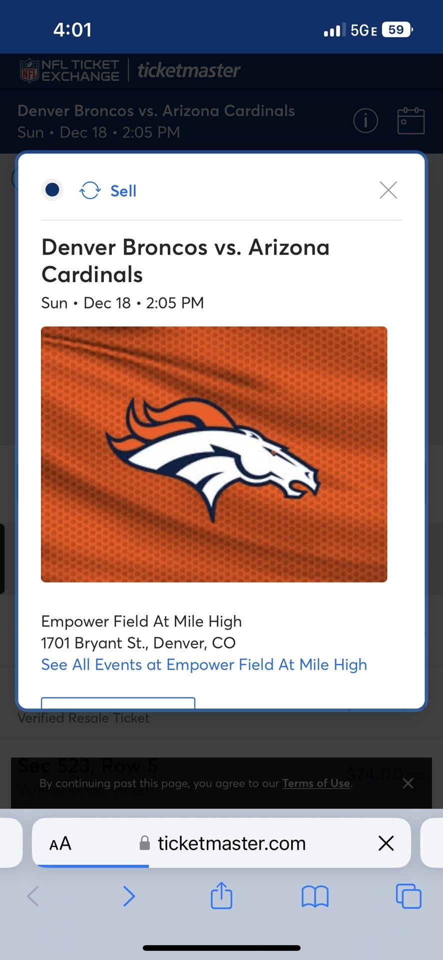 2 Bronco Tickets. Vs Arozona 25 Both