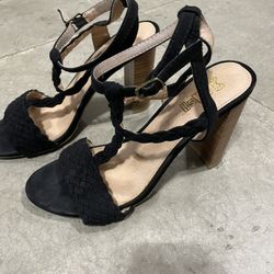 Brash Black Faux Suede Open Toe Ankle Strap Heels Shoes Women's 8