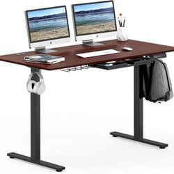 SHW 55 x 28 Inches Electric Height Adjustable Standing Desk with Drawer and Memory Preset, Cherry