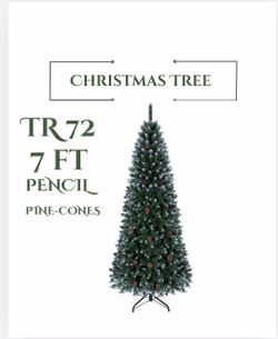 🎄7ft Slim Pencil Christmas Tree with Frosted 720 Branch Tips Unlit Artificial Xmas Tree with 39 Natural Pine Cones & Folding Metal Stand, Hinged Holi