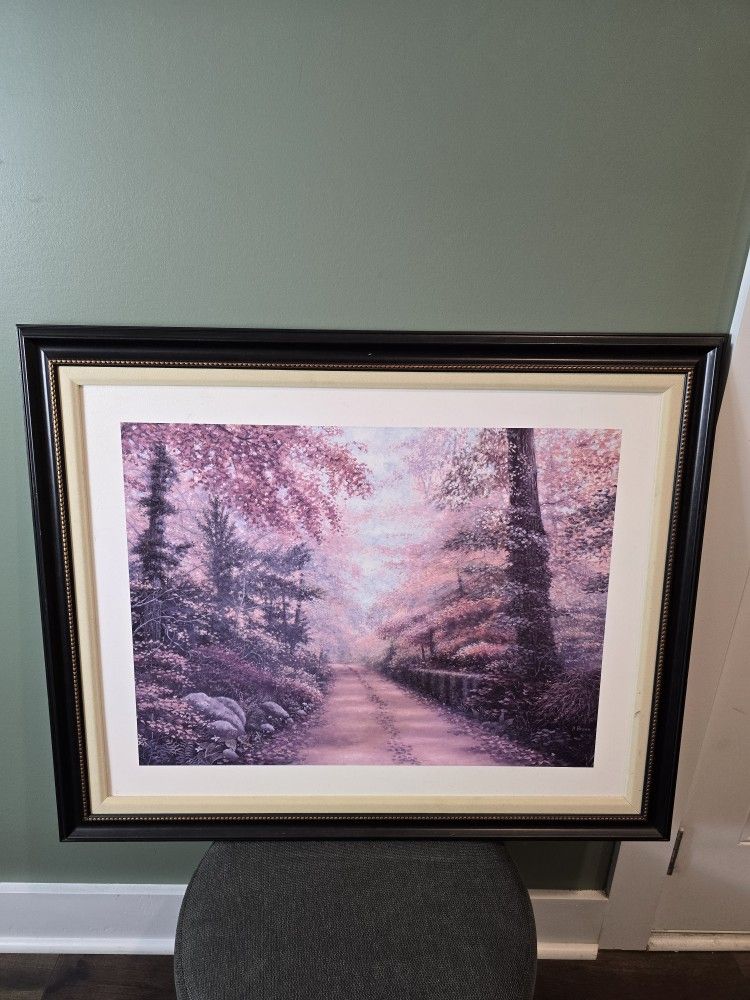 Vintage Landscape Oil Painting of a The road passing through the fall park Scene By B Brown Home Decor
