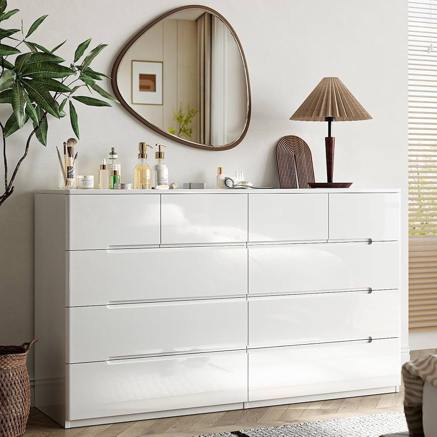 10 Drawer White Dresser for Bedroom, 55" Long Dresser Chest of Drawers, Large High Gloss Modern Storage Cabinet with Big Drawers Handle Free, Living R