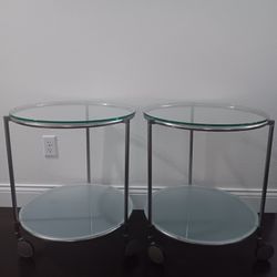 2 Glass Side End Tables with Casters