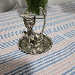 Vintage Silverplate Cat Ring Holder / Trinket Dish