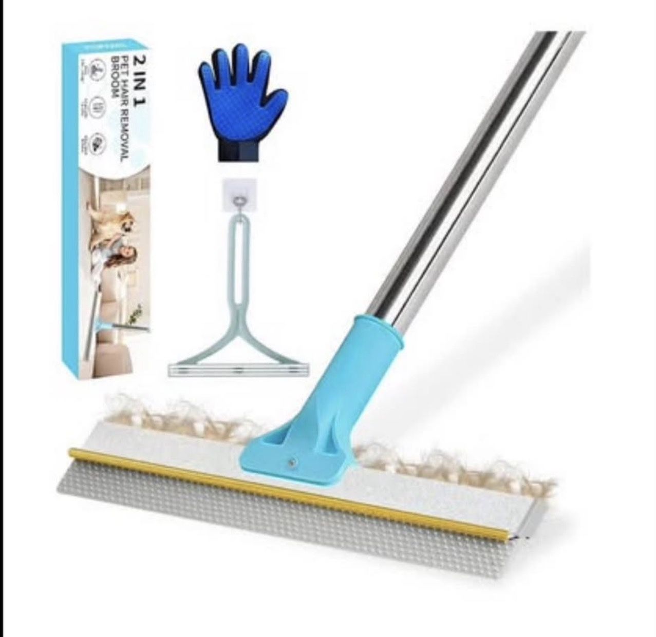 Brandnew Carpet Rake for Pet Hair Removal - 54" Adjustable 2 in 1 Carpet Broom with Copper Rake Scraper & TPU Brush, Reusable Cat Dog Hair Remover Too