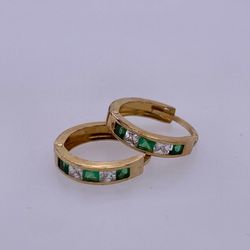 14k Yellow Gold Mini Green & Clear Colored Stone Hoop Earrings 