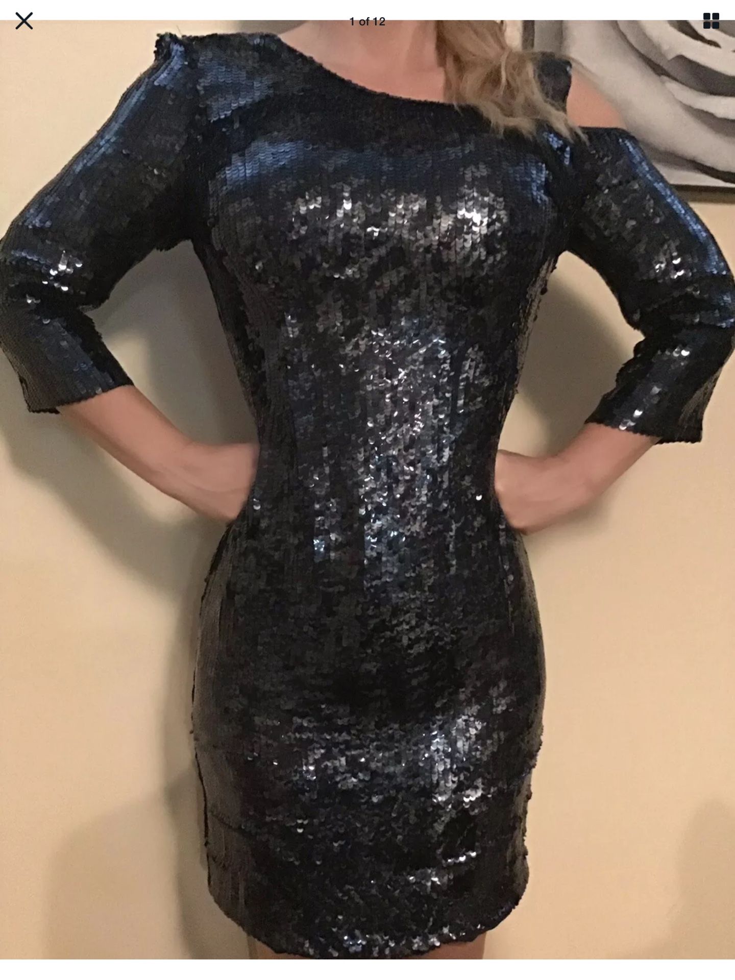 NWT Pamella Roland navy sequin Single Cold Shoulder Evening Dress $1295 Orig