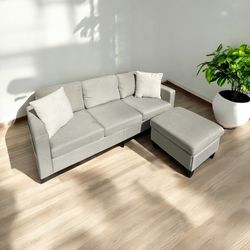 FREE DELIVERY! 🚚  Modern 3-Seater Sofa w/ Storage Ottoman – Light Gray, Good Condition!