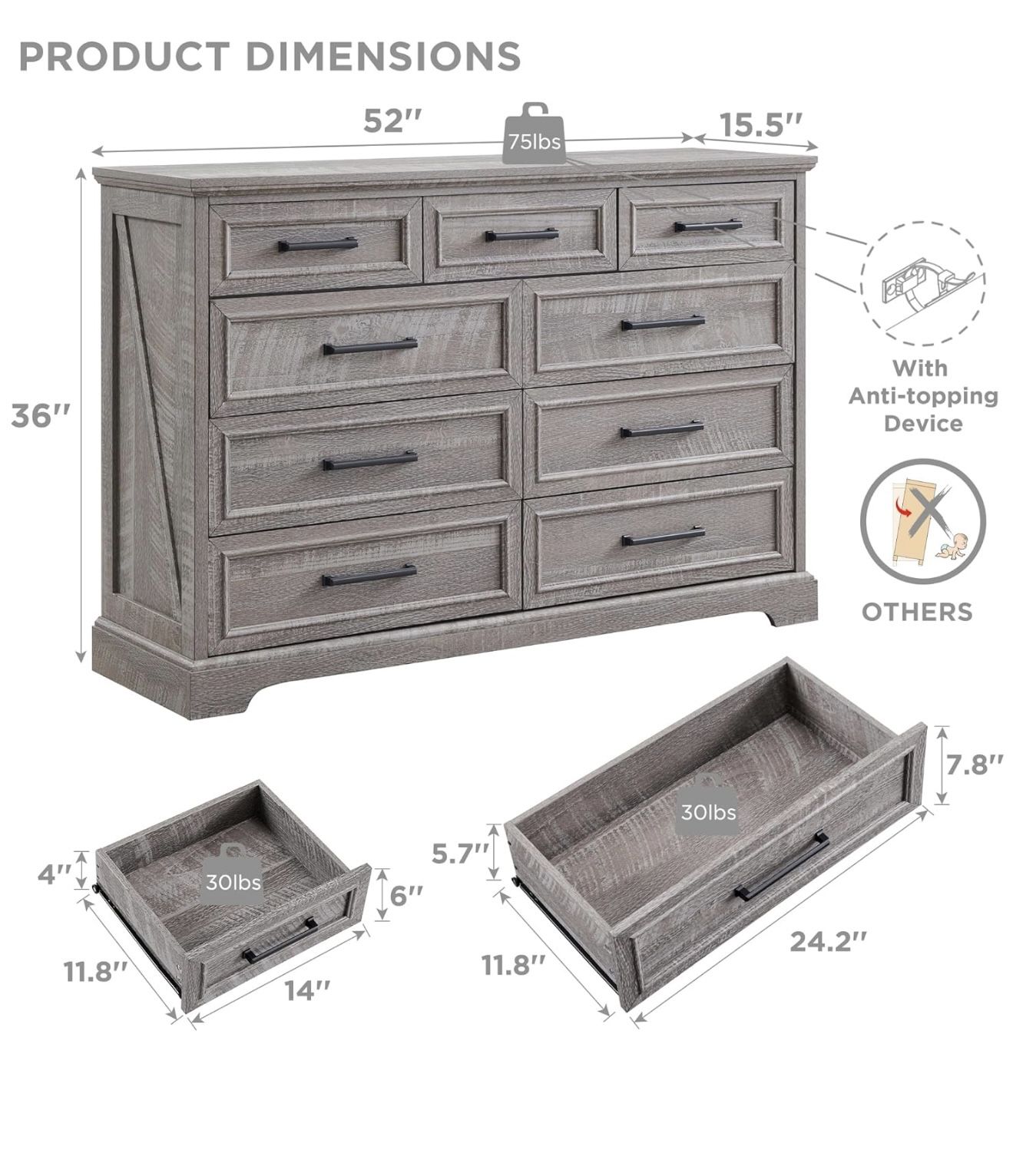 Farmhouse 9 Drawer Dresser for Bedroom, 36 Inch Tall Modern Dresser TV Stand with Large Drawers & Bar Handles, Rustic Wood Chest of Drawers for Bedroo