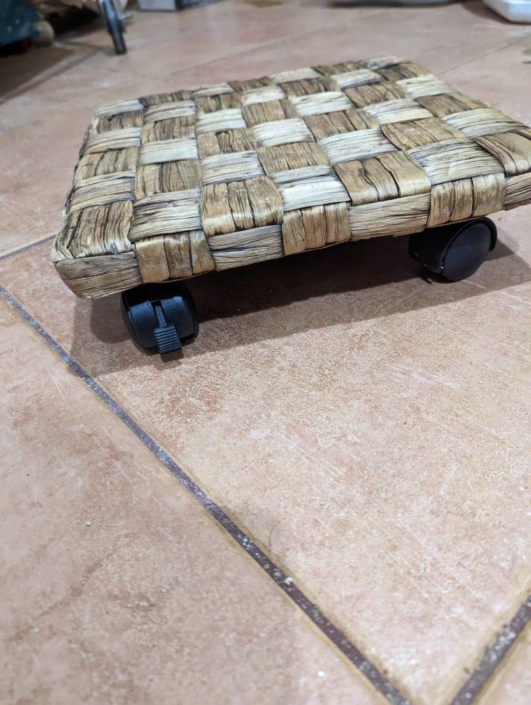 Boho wicker rattan bamboo plant trolley