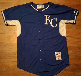 Youth Size Large Kansas City Royals Jersey Blue White Full Button Baseball Majestic