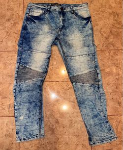 Broken Threads 1975 Men's Moto Jeans – Acid Wash Slim Fit – W34 L30 – Biker Denim