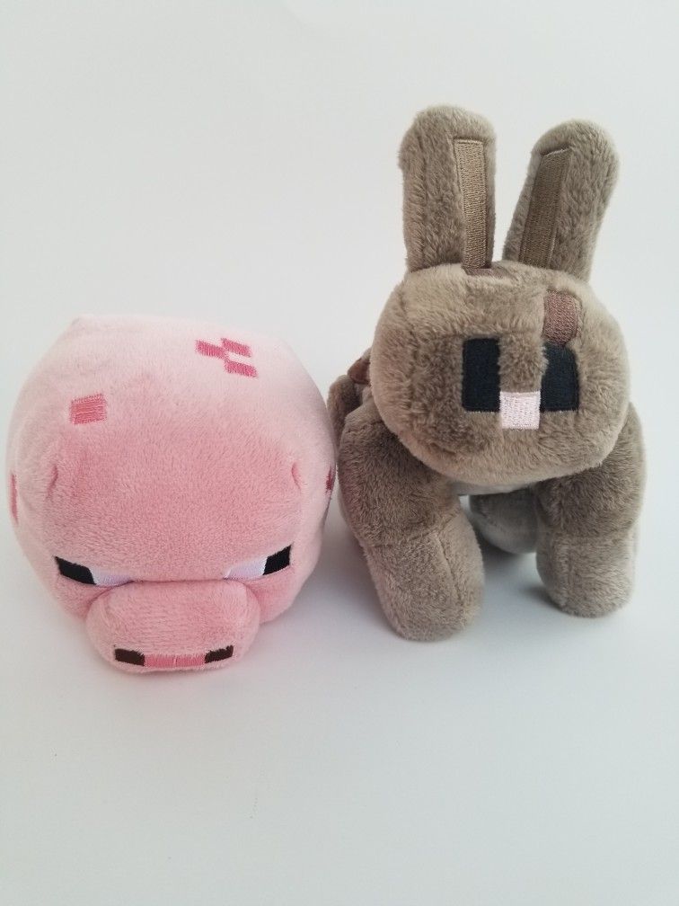 Lot Of Two Mojang Spinmaster Minecraft Brown Rabbit Pink Pig Plush . Read Des..