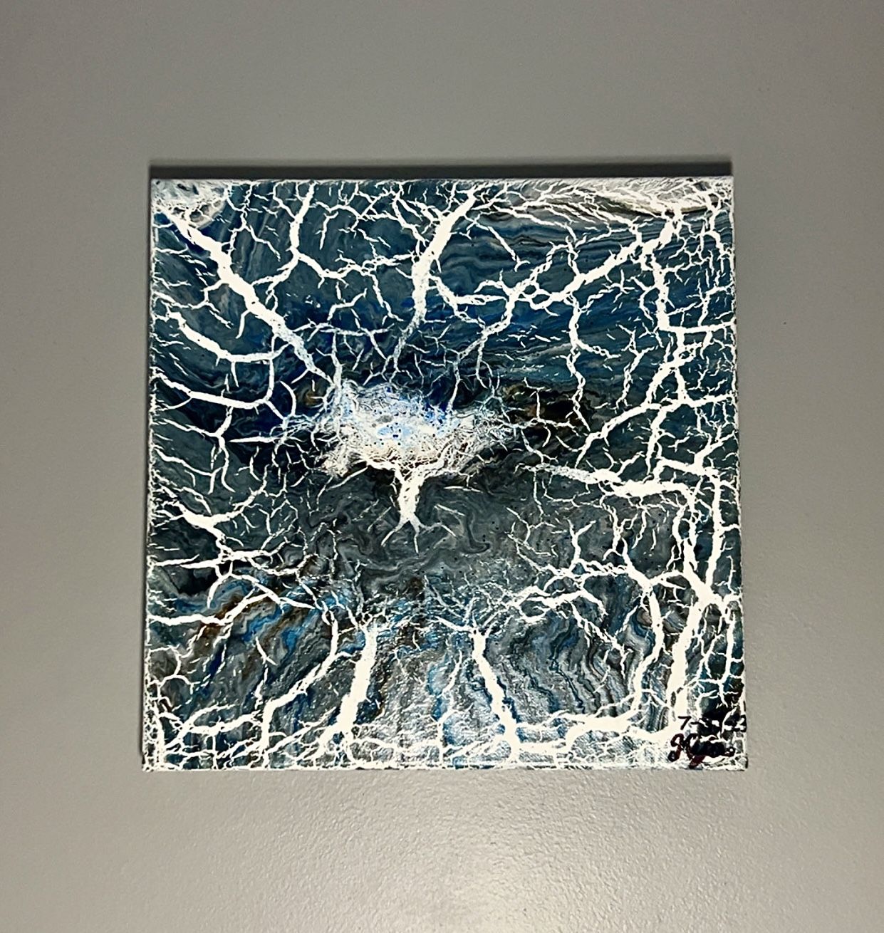 Acrylic Pour Art Original Abstract Painting “ Blue Bonsai” , 12” x 12” x 1”