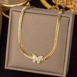 White Butterfly & Snake Bone Design Stainless Steel Plated Pendant Necklace