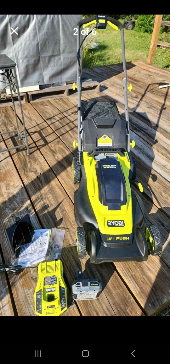 Ryobi 18V 'HP' 16" push mower, 'HP' battery, rapid charger
