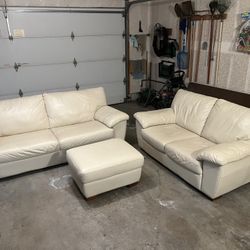 FREE DELIVERY Great Condition Extremely Comfy Beautiful Genuine Cream Leather Sofa+Loveseat+Ottoman Set