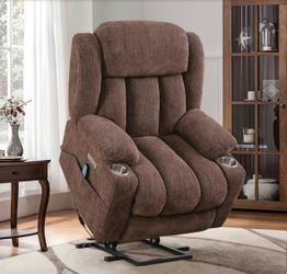 Brown Oversized fabric power recliner with massage and heat
